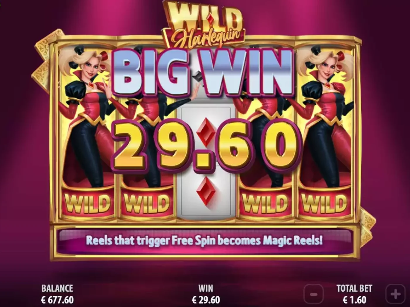 Wild Harlequin — Big Win screen with four stacked Wild reels paying 29.60, Quickspin slot
